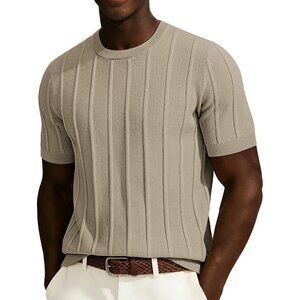 Men's Khaki Short Sleeve Crewneck Tee Shirt Ribbed Knit Tee Imported T-shirts